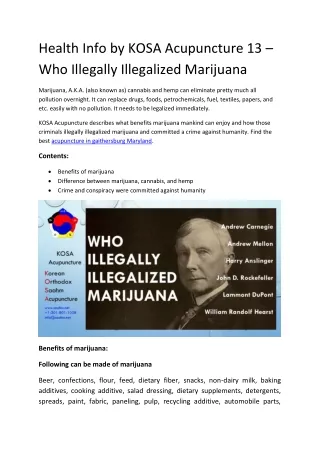 Health Info by KOSA Acupuncture 13 – Who Illegally Illegalized Marijuana