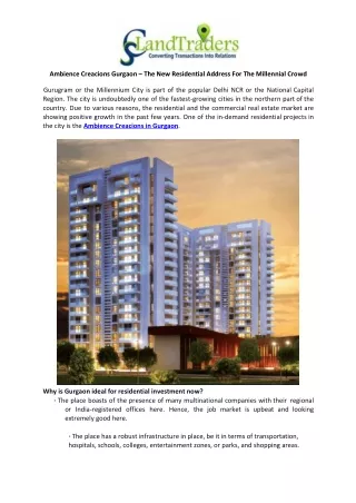 Ambience Creacions Gurgaon – The New Residential Address For The Millennial Crowd
