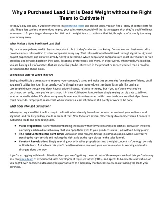 Why a Purchased Lead List is Dead Weight without the Right Team to Cultivate It