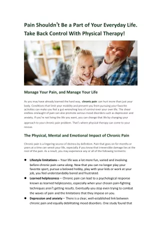 Pain Shouldn’t Be a Part of Your Everyday Life. Take Back Control With Physical Therapy!