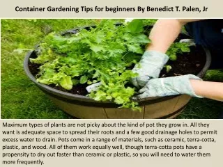 Container Gardening Tips for beginners By Benedict T. Palen, Jr