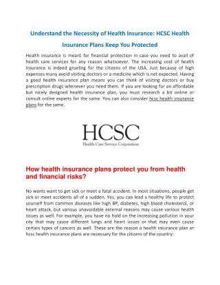 Understand the Necessity of Health Insurance: HCSC Health Insurance Plans Keep You Protected