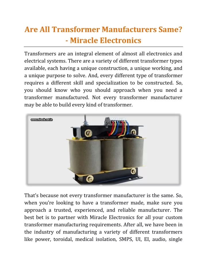 are all transformer manufacturers same miracle