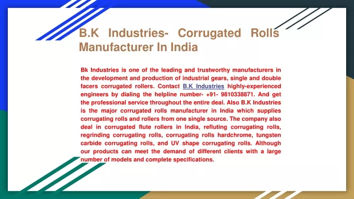 b k industries corrugated rolls manufacturer in india