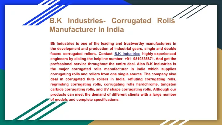 b k industries corrugated rolls manufacturer