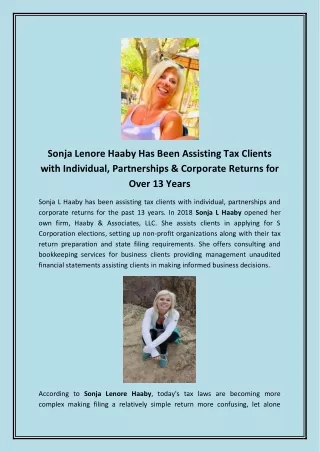 Sonja Lenore Haaby Has Been Assisting Tax Clients with Individual, Partnerships & Corporate Returns for Over 13 Years