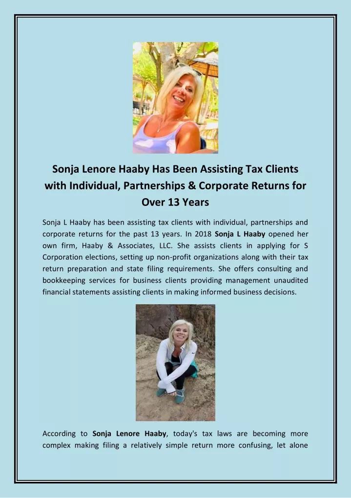 sonja lenore haaby has been assisting tax clients