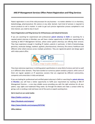 ANS IP Management Services Offers Patent Registration and Filing Services