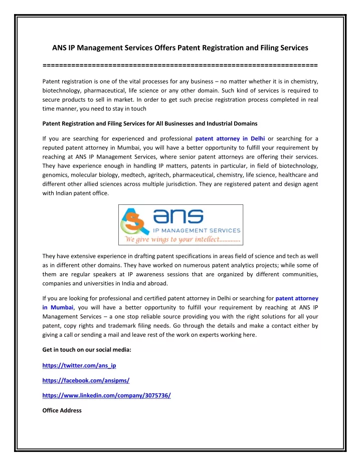ans ip management services offers patent