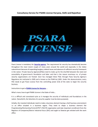 Consultancy Service for PSARA License Haryana, Delhi and Rajasthan