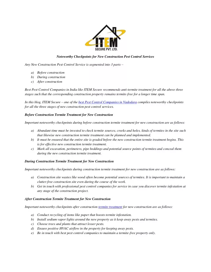 noteworthy checkpoints for new construction pest