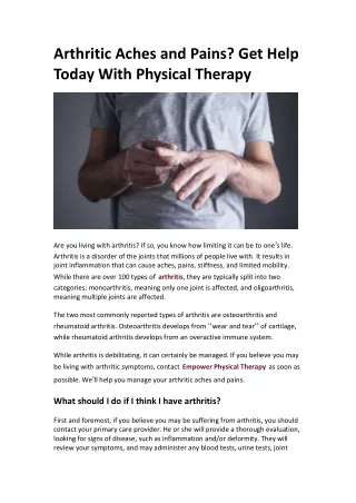 Arthritic Aches and Pains? Get Help Today With Physical Therapy