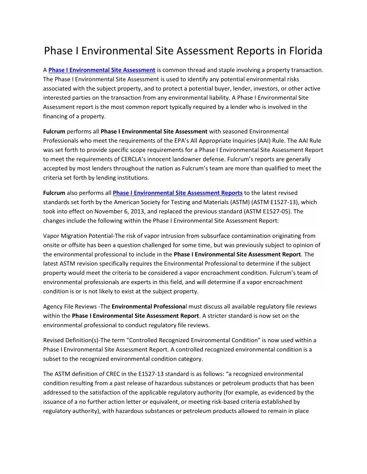 phase i environmental site assessment reports