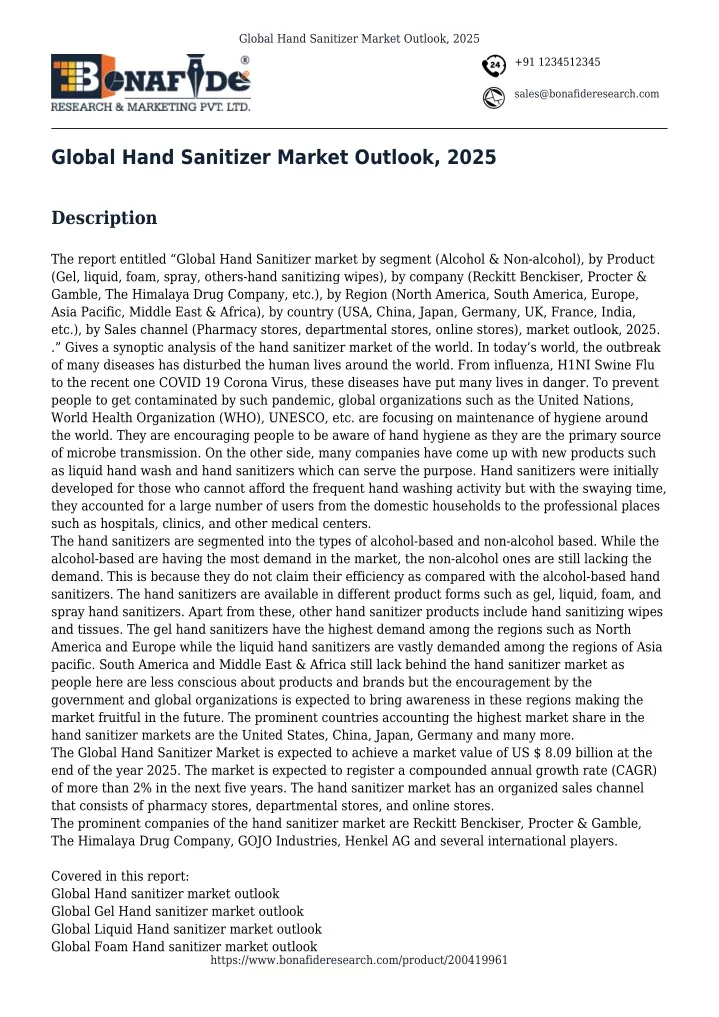 global hand sanitizer market outlook 2025