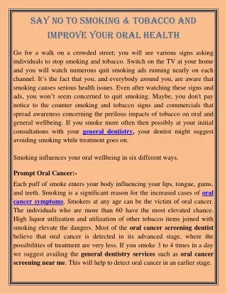 Say No To Smoking & Tobacco And Improve Your Oral Health