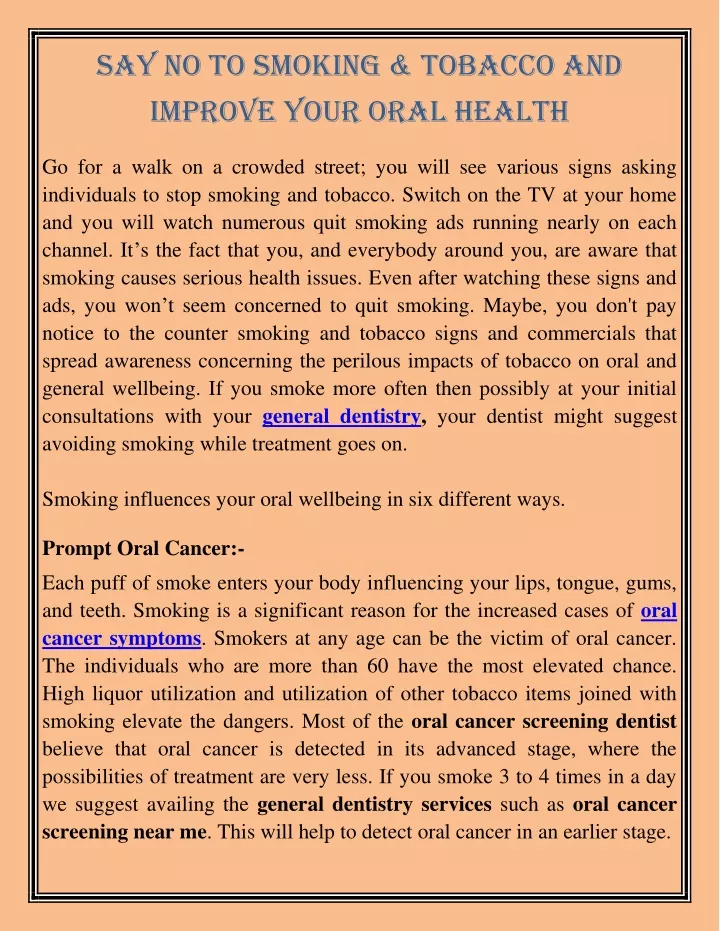 say no to smoking tobacco and improve your oral