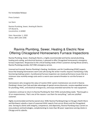 Ravinia Plumbing, Sewer, Heating & Electric Now Offering Chicagoland Homeowners Furnace Inspections