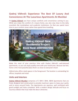 Godrej Vikhroli: Experience The Best Of Luxury And Convenience At The Luxurious Apartments At Mumbai