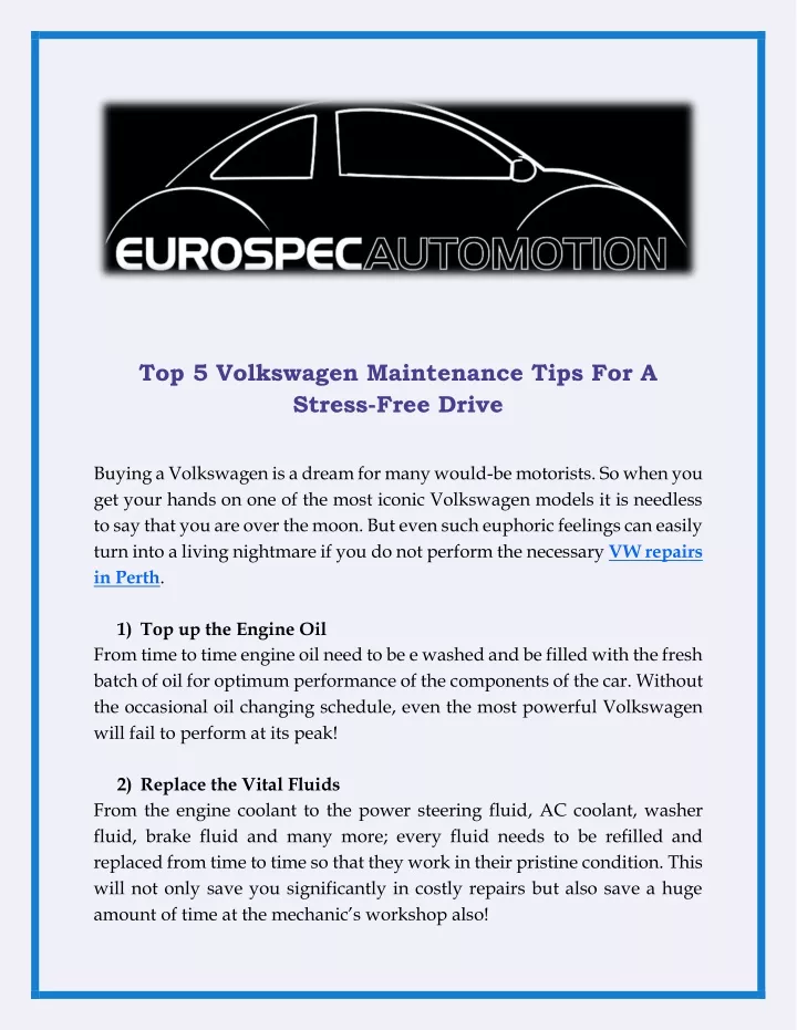 top 5 volkswagen maintenance tips for a stress
