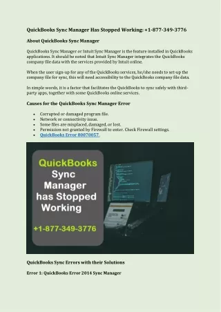 QuickBooks Sync Manager Has Stopped Working:  1-877-349-3776