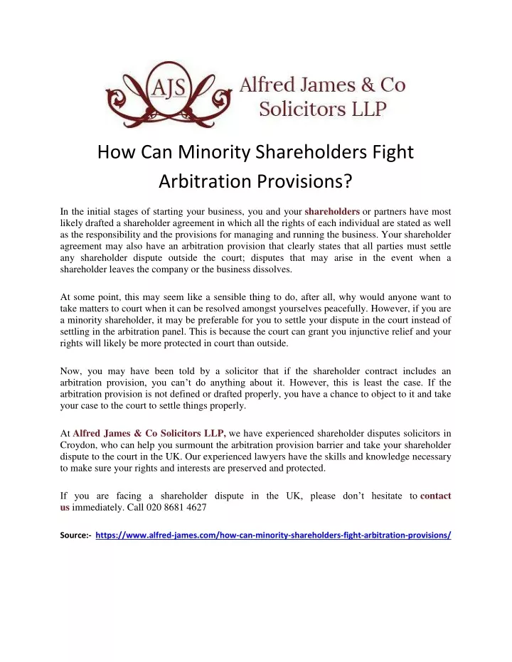 how can minority shareholders fight arbitration