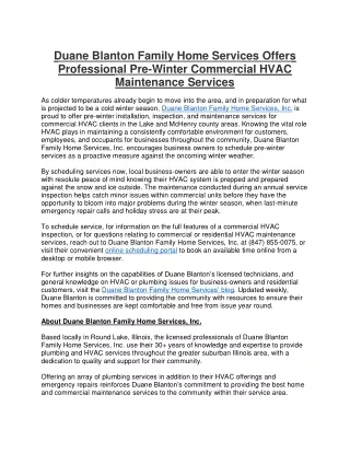 Duane Blanton Family Home Services Offers Professional Pre-Winter Commercial HVAC Maintenance Services