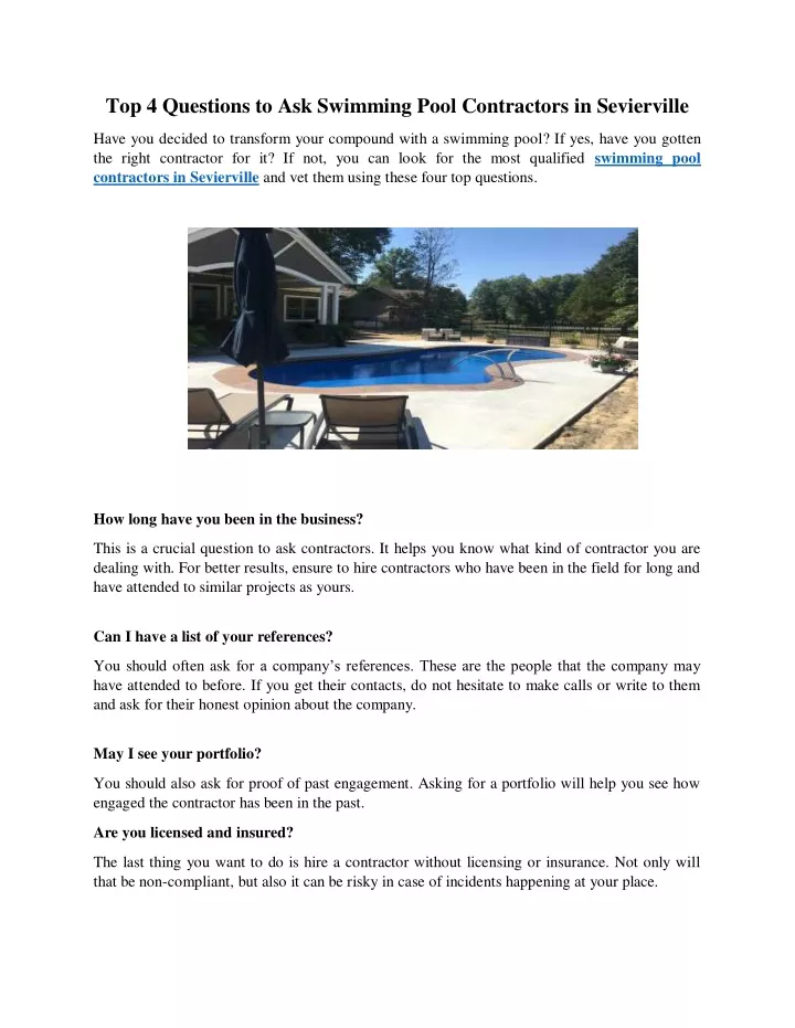 top 4 questions to ask swimming pool contractors