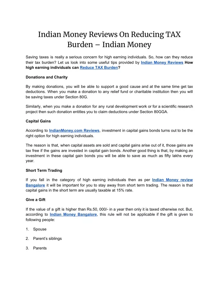 indian money reviews on reducing tax burden