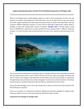 Explore Amazing Attractions and Plan for the Wonderful Experience of Plongée à Bali