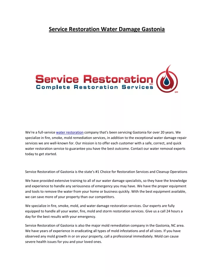 service restoration water damage gastonia