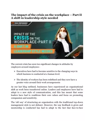 The impact of the crisis on the workplace – Part II A shift in leadership style needed