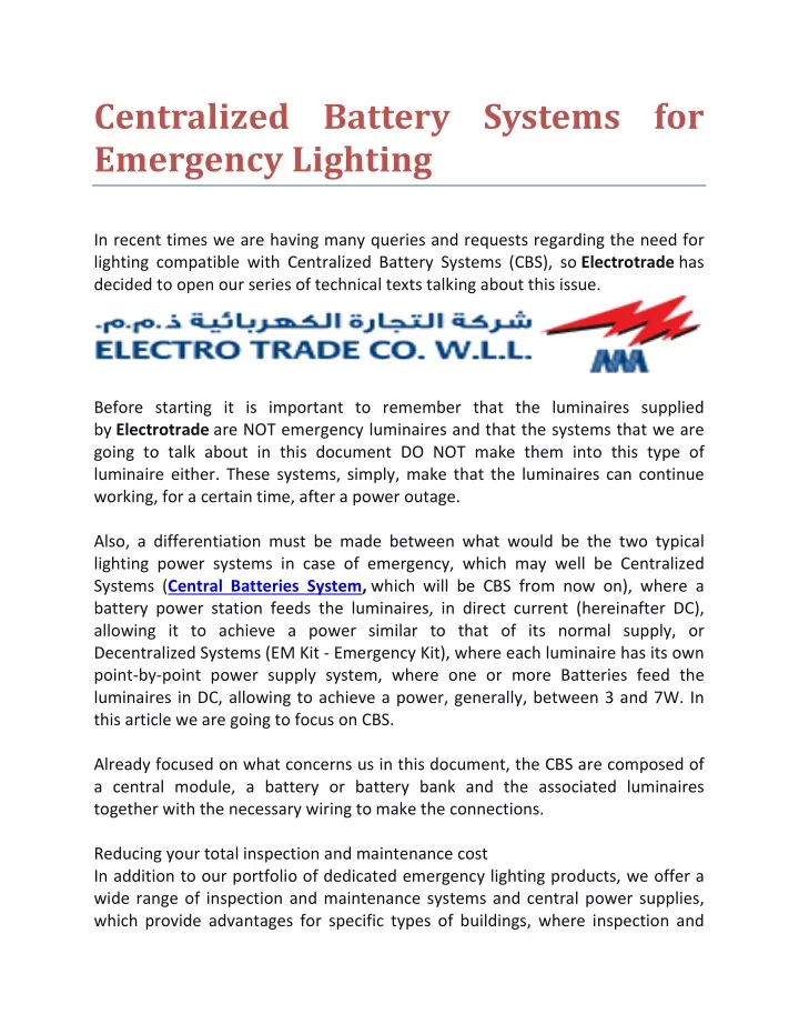 centralized battery systems for emergency lighting