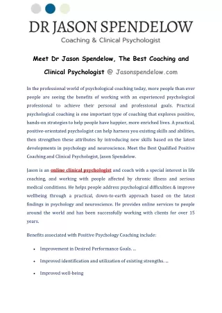 Meet Dr Jason Spendelow, The Best Coaching and Clinical Psychologist @ Jasonspendelow.com