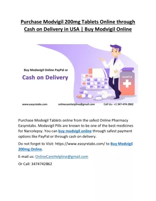 Purchase Modvigil 200mg Tablets Online through Cash on Delivery in USA | Buy Modvigil Online