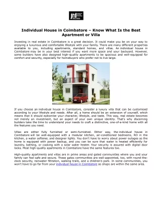 Individual House in Coimbatore – Know What Is the Best Apartment or Villa