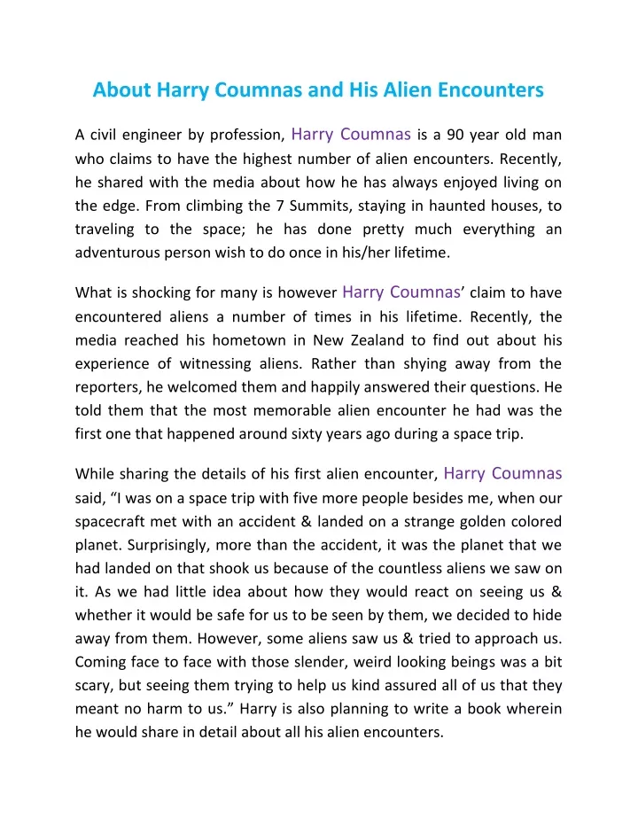 about harry coumnas and his alien encounters