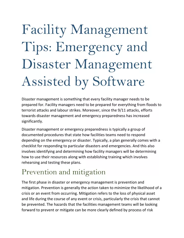 facility management tips emergency and disaster