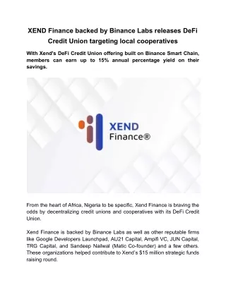 XEND Finance Backed by Binance Labs Releases DeFi Credit Union Targeting Local Cooperatives
