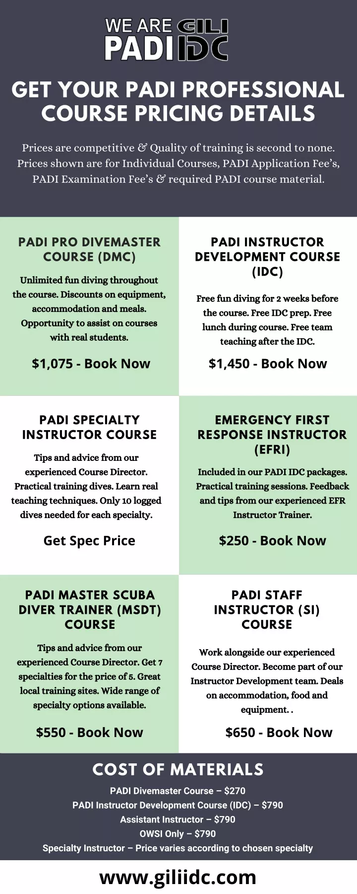 get your padi professional course pricing details
