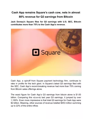 Cash App Remains Square’s Cash Cow, Nets in Almost 80% Revenue for Q3 Earnings From Bitcoin