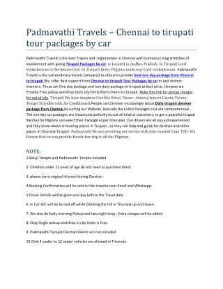 Padmavathi Travels - Tirupati tour package from chennai by car