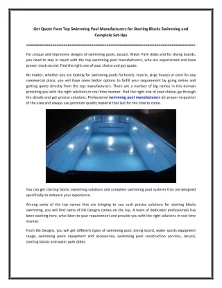 Get Quote from Top Swimming Pool Manufacturers for Starting Blocks Swimming and Complete Set-Ups