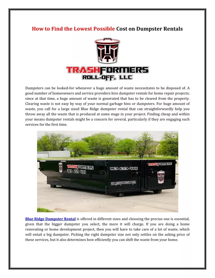 how to find the lowest possible cost on dumpster