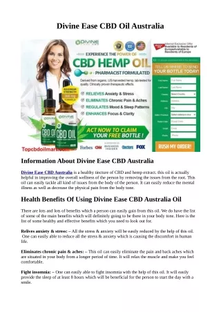Divine Ease CBD Oil Australia {Warning} Joint Relief, Reviews, Trial, Price & Where To Buy?
