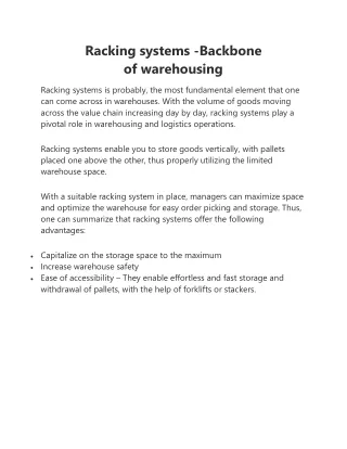 Racking systems -Backbone of warehousing