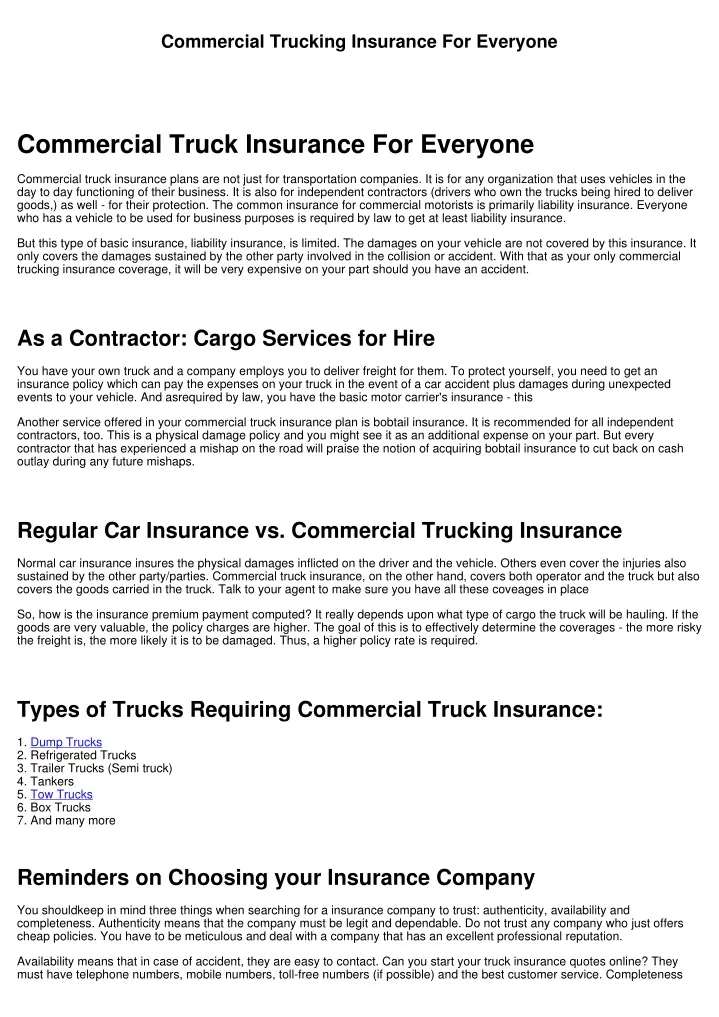 commercial trucking insurance for everyone