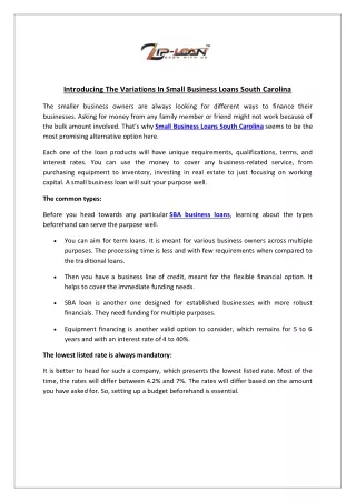 Introducing The Variations In Small Business Loans South Carolina