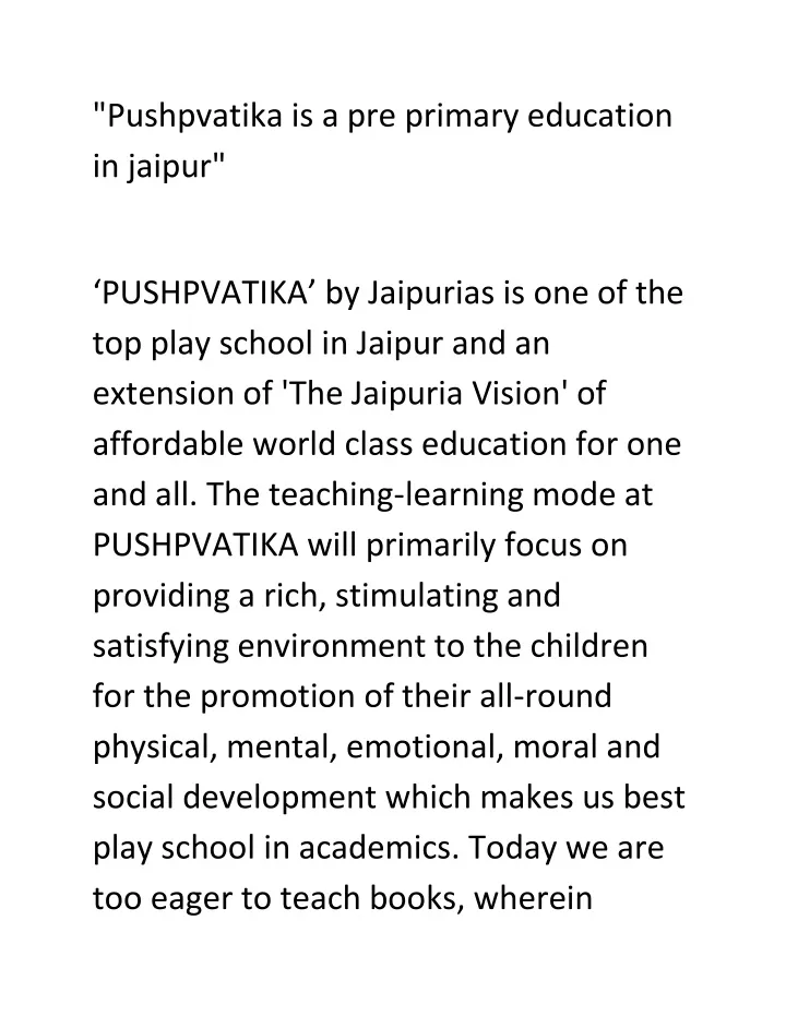 pushpvatika is a pre primary education in jaipur