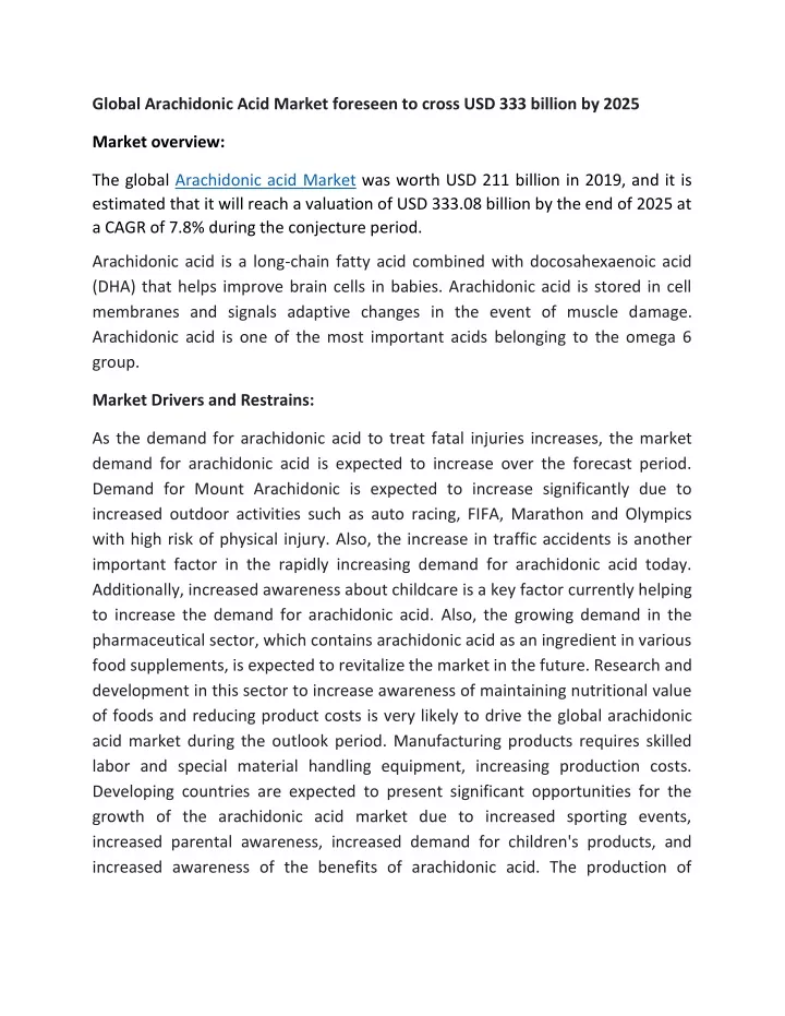 global arachidonic acid market foreseen to cross