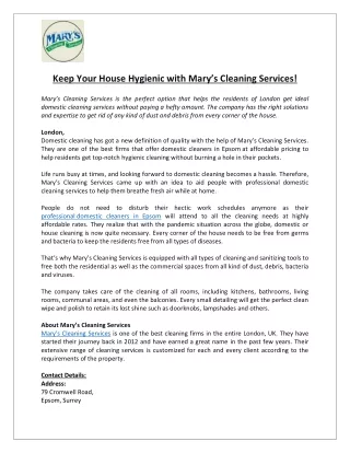 Keep Your House Hygienic with Mary’s Cleaning Services!